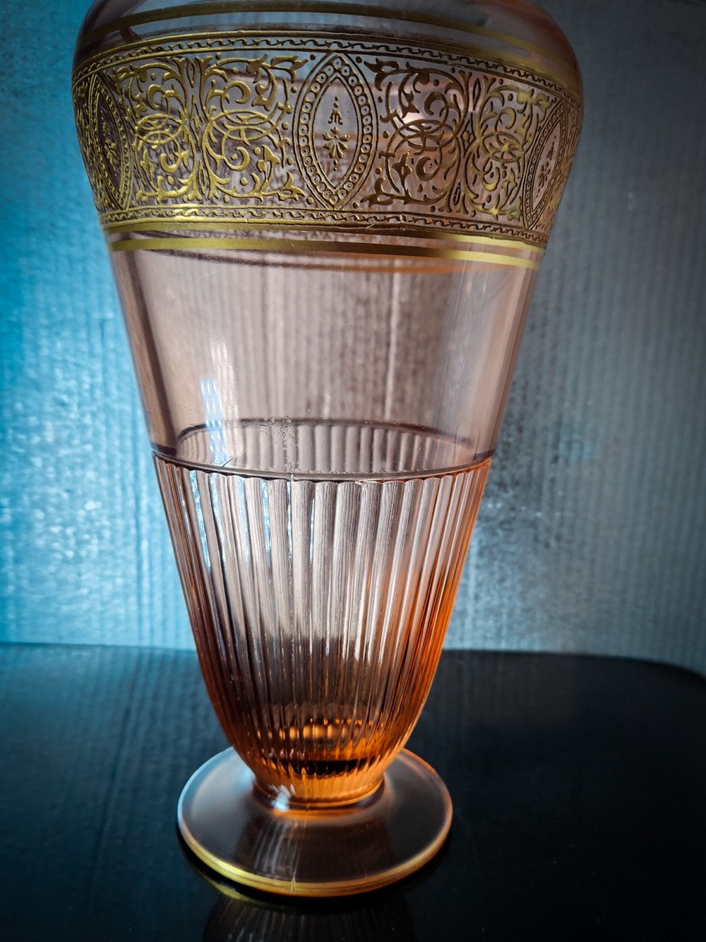 Tiffin Pink Depression Glass Footed Vase, Gold-Encrusted Etch, 9"
